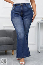 Dark Blue Plus Size Stitching Washed Flare Jeans - Dark Blue / 1X / 71% Cotton + 27.5% Polyester + 1.5% Elastane - Plus