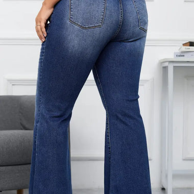 Dark Blue Plus Size Stitching Washed Flare Jeans - Plus Size/Plus Size Bottoms