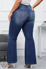 Dark Blue Plus Size Stitching Washed Flare Jeans - Plus Size/Plus Size Bottoms