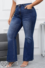 Dark Blue Plus Size Stitching Washed Flare Jeans - Plus Size/Plus Size Bottoms