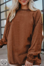 Dark Blue Ribbed Corduroy Oversized Sweatshirt - Chestnut / S / 100% Polyester - Tops/Sweatshirts & Hoodies