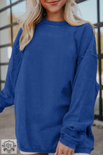 Dark Blue Ribbed Corduroy Oversized Sweatshirt - Dark Blue / S / 100% Polyester - Tops/Sweatshirts & Hoodies