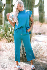 Dark Blue Ruffled Sleeve Summer Top and Cropped Loose Pants Set - Two Piece Sets/Pant Sets