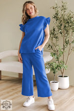 Dark Blue Ruffled Sleeve Summer Top and Cropped Loose Pants Set - Two Piece Sets/Pant Sets