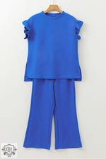 Dark Blue Ruffled Sleeve Summer Top and Cropped Loose Pants Set - Two Piece Sets/Pant Sets