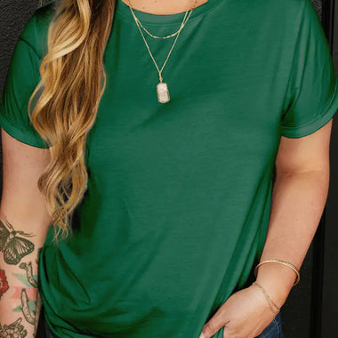 Dark Green Round Neck Rolled Sleeve Plus Size T-shirt - Dark Green / 1X / 65% Polyester + 30% Viscose + 5% Elastane