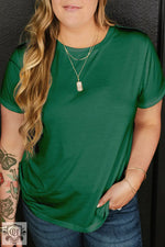 Dark Green Round Neck Rolled Sleeve Plus Size T-shirt - Dark Green / 1X / 65% Polyester + 30% Viscose + 5% Elastane