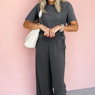 Dark Grey Drawstring Side Crewneck Tee and Loose Pants Set - Two Piece Sets/Pant Sets