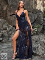 Sexy Deep V Plunge Sling Translucent Bare Back Lace Up Sequined Maxi Dress - Quality Home Clothing| Beauty