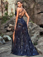 Sexy Deep V Plunge Sling Translucent Bare Back Lace Up Sequined Maxi Dress - Quality Home Clothing| Beauty