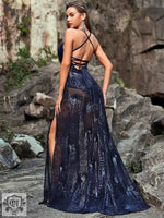 Sexy Deep V Plunge Sling Translucent Bare Back Lace Up Sequined Maxi Dress - Quality Home Clothing| Beauty