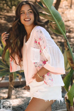 Floral pink and white lace top with bell sleeves in Delicacy Floral Lace Blouse, sizes euro sizes