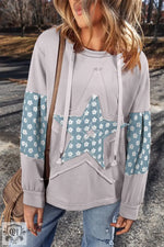 Delicacy Floral Patchwork Star Pattern Drawstring Hoodie - Beau Blue / S / 65% Polyester + 35% Cotton