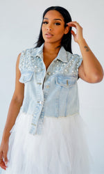 Denim Beaded Sleeveless Vest - Clothing