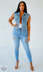 Denim Beaded Sleeveless Vest - Clothing