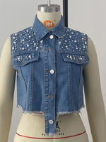 Denim Beaded Sleeveless Vest - Clothing