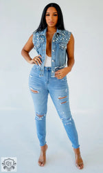 Denim Beaded Sleeveless Vest - Clothing