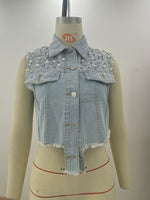 Denim Beaded Sleeveless Vest - Clothing