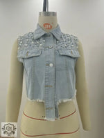 Denim Beaded Sleeveless Vest - Clothing