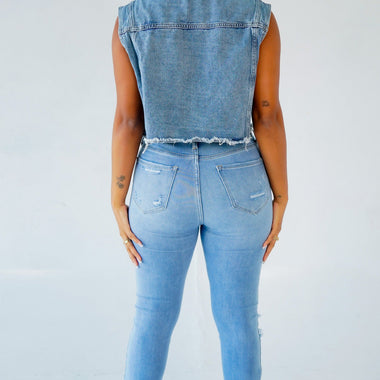 Denim Beaded Sleeveless Vest - Clothing