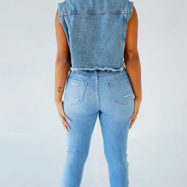 Denim Beaded Sleeveless Vest - Clothing