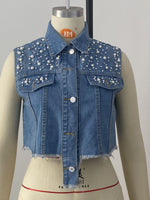 Denim Beaded Sleeveless Vest - Clothing