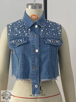 Denim Beaded Sleeveless Vest - Clothing