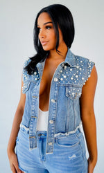 Denim Beaded Sleeveless Vest - S / Blue - Clothing