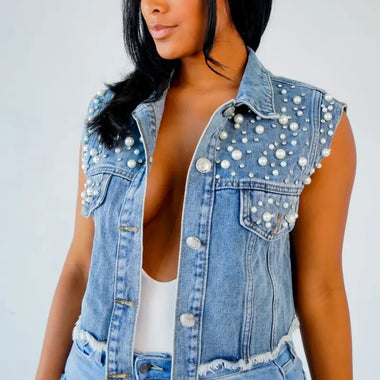 Denim Beaded Sleeveless Vest - Clothing