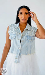 Denim Beaded Sleeveless Vest - S / Light Colored - Clothing