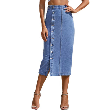 Women Clothing Button Irregular Asymmetric Slit Denim High Waist Long Skirt - Quality Home Clothing| Beauty