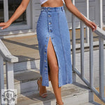 Women Clothing Button Irregular Asymmetric Slit Denim High Waist Long Skirt - Quality Home Clothing| Beauty