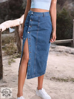 Women Clothing Button Irregular Asymmetric Slit Denim High Waist Long Skirt - Quality Home Clothing| Beauty