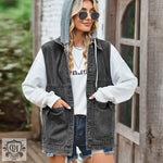 Denim Loose Waistcoat Vest - S / Black and Gray with Hood Removable - Clothing