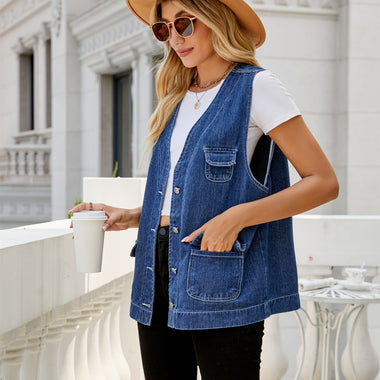 Denim Multi Pocket Vest - Clothing