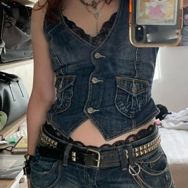 Denim Vest with Pockets - Clothing