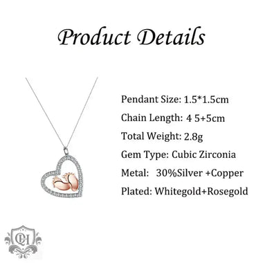 Elegant Diamond Heart and Little Feet Pendant Necklace for Mom -  QH Clothing