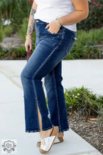 Dirty blue Plus Size High Waist Side Slits Flare Jeans - Plus Size/Plus Size Bottoms