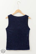 Dirty blue Sequined Deep V Neck Buttoned Tank Top - Tops/Tank Tops