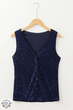 Dirty blue Sequined Deep V Neck Buttoned Tank Top - Tops/Tank Tops