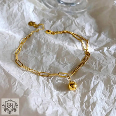 18K gold trendy and fashionable double chain splicing and small gold ball design anklet - QH Clothing