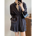 Draping Buttoned Shirt & Pocket Shorts - M / Dark Grey - Clothing