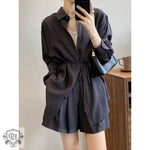 Draping Buttoned Shirt & Pocket Shorts - M / Dark Grey - Clothing