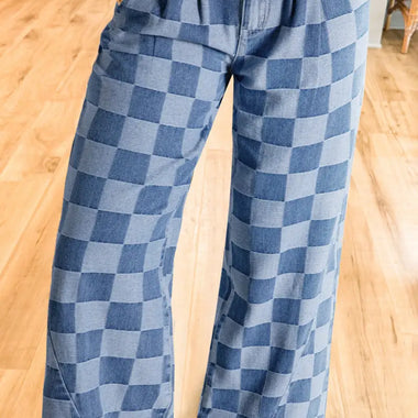 Dusk Blue Checkered Denim Wide Leg Jeans showcasing stylish relaxed fit