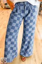 Dusk Blue Checkered Denim Wide Leg Jeans showcasing stylish relaxed fit