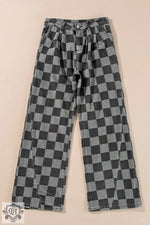 Dusk Blue Checkered Denim Wide Leg Jeans featuring a stylish checkerboard pattern