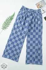 Dusk Blue Checkered Denim Wide Leg Jeans featuring a stylish checkered pattern