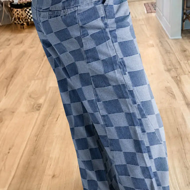 Dusk Blue Checkered Denim Wide Leg Jeans with a stylish checkerboard pattern