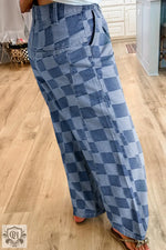 Dusk Blue Checkered Denim Wide Leg Jeans with a stylish checkerboard pattern