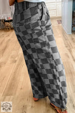 Dusk Blue Checkered Denim Wide Leg Jeans featuring a stylish checkerboard pattern